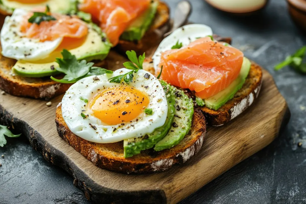 Fried egg, avocado and smoked salmon on toasted sourdough